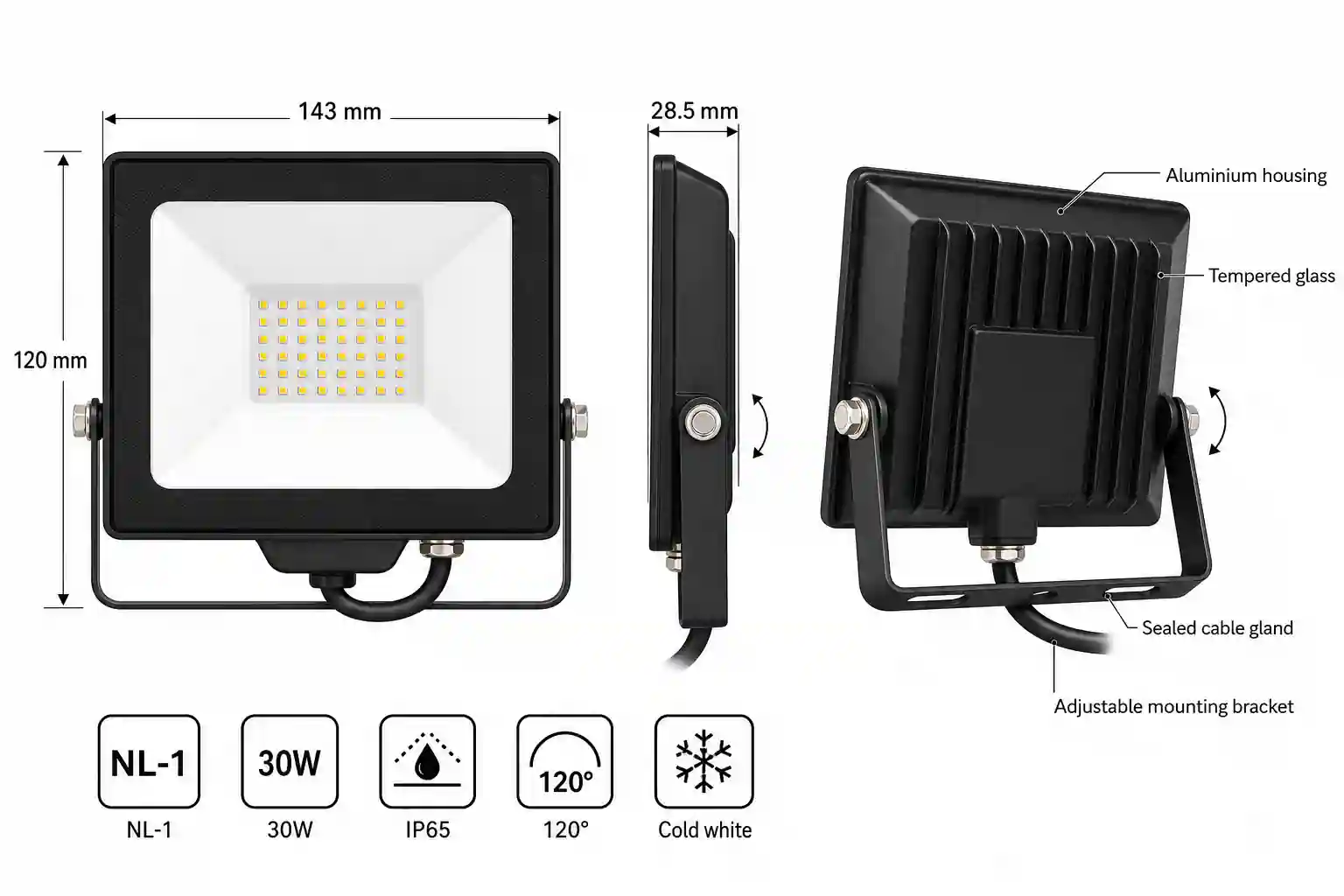 Rozměrový nákres LED reflektoru NL-1 30W s hodnotami 143 x 120 x 28,5 mm a montážním držákem
